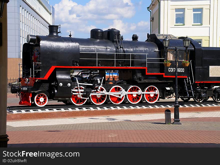 Steam locomotive standing like monument. Russia. Siberia.