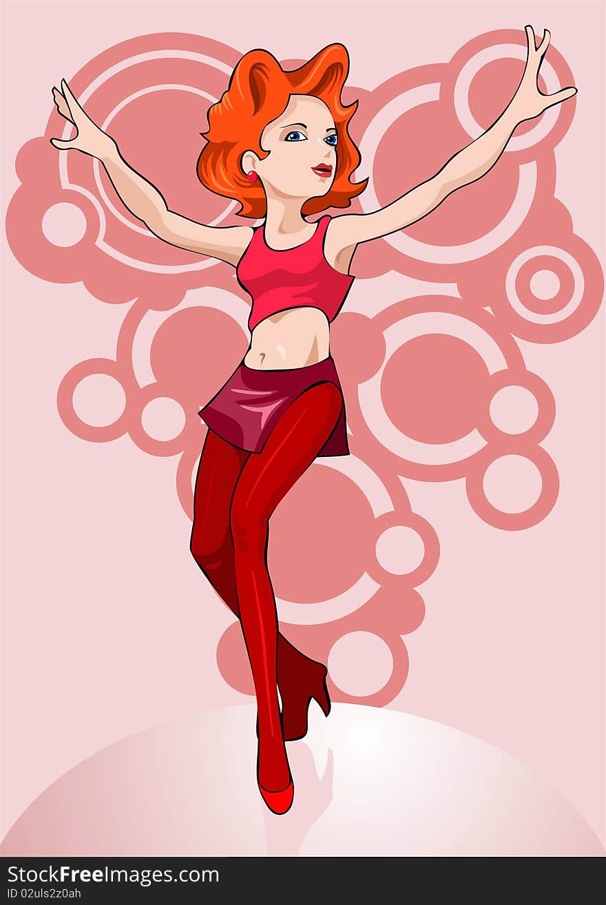 Dancing girl in red clothes on an abstract background.