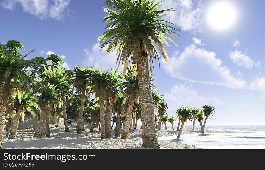 Idyllic tropical island with palm trees at daytime. Realistic 3d illustration. Idyllic tropical island with palm trees at daytime. Realistic 3d illustration