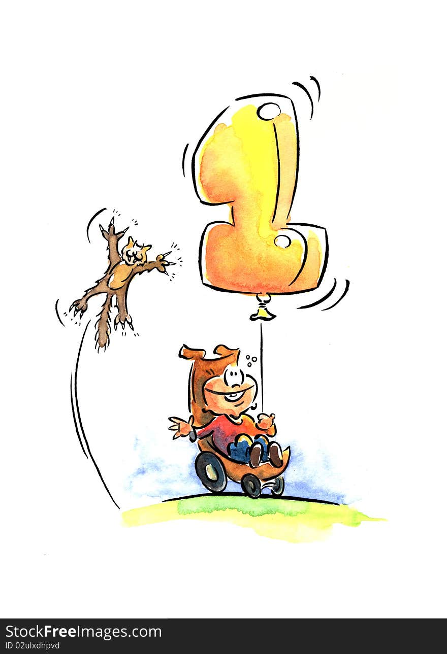 Small, happy kid sitting in buggy holding a balloon in the shape of a number 1. A cat jumps to the balloon with extended claws. Small, happy kid sitting in buggy holding a balloon in the shape of a number 1. A cat jumps to the balloon with extended claws.