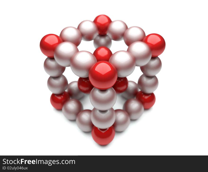 Cube outline made from red and white glossy balls on white background. Cube outline made from red and white glossy balls on white background