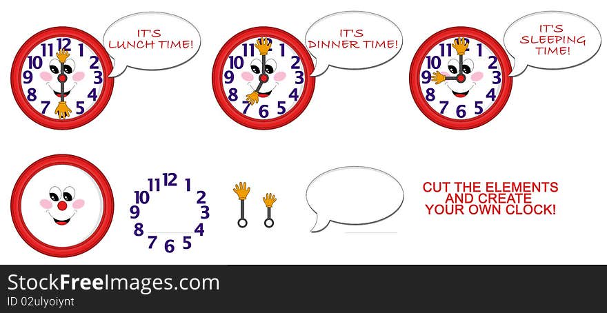 A nice red clock to learn the hours. Just cut the single elements and create your own clock!. A nice red clock to learn the hours. Just cut the single elements and create your own clock!