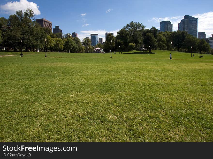 Panoramic view of Boston Public Garden.