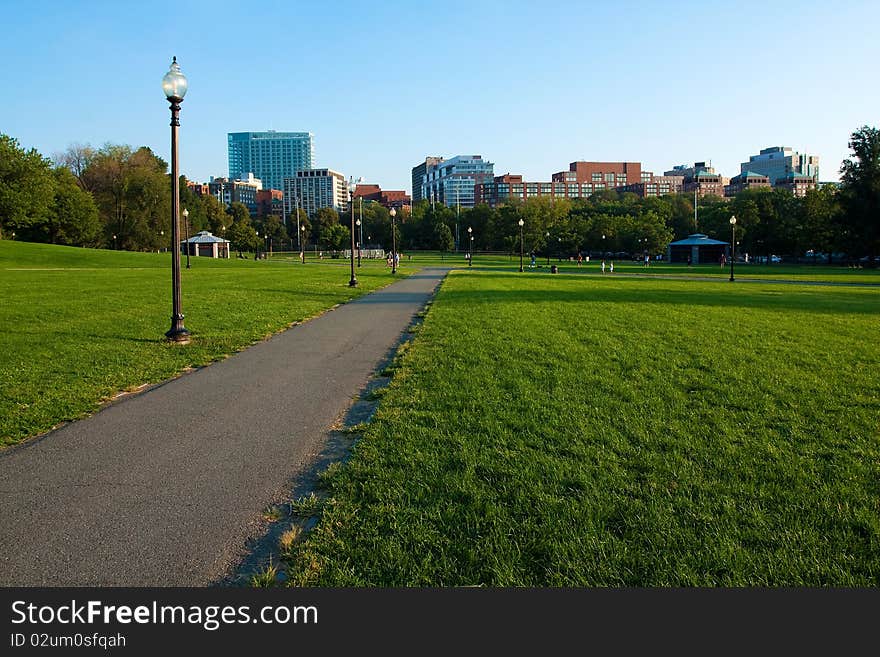 Panoramic view of Boston Public Garden in Massachusetts.