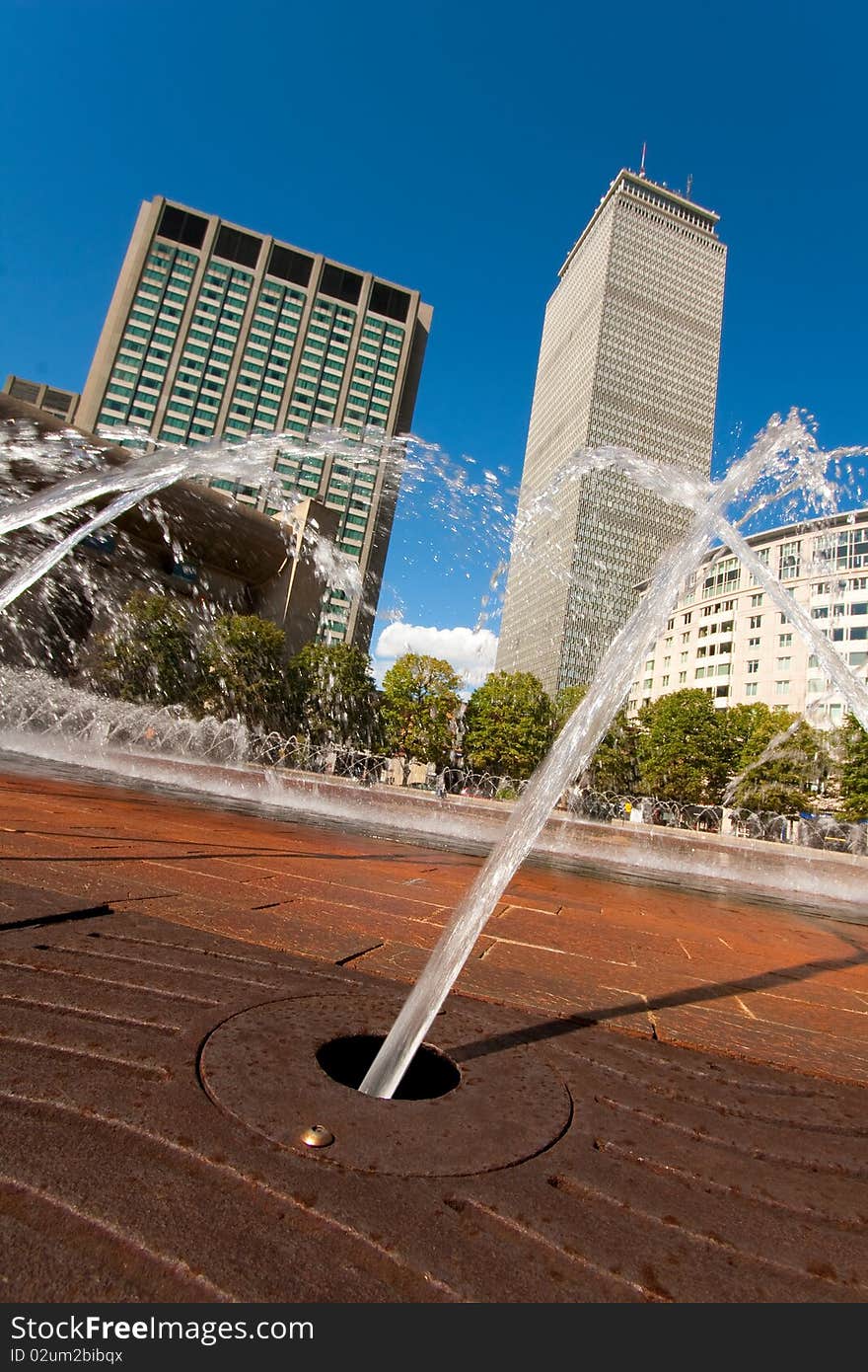 View of Boston architecture: Prudential Tower and Fountain.