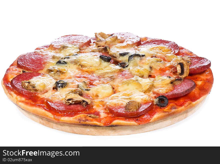 Pizza with salami on white background