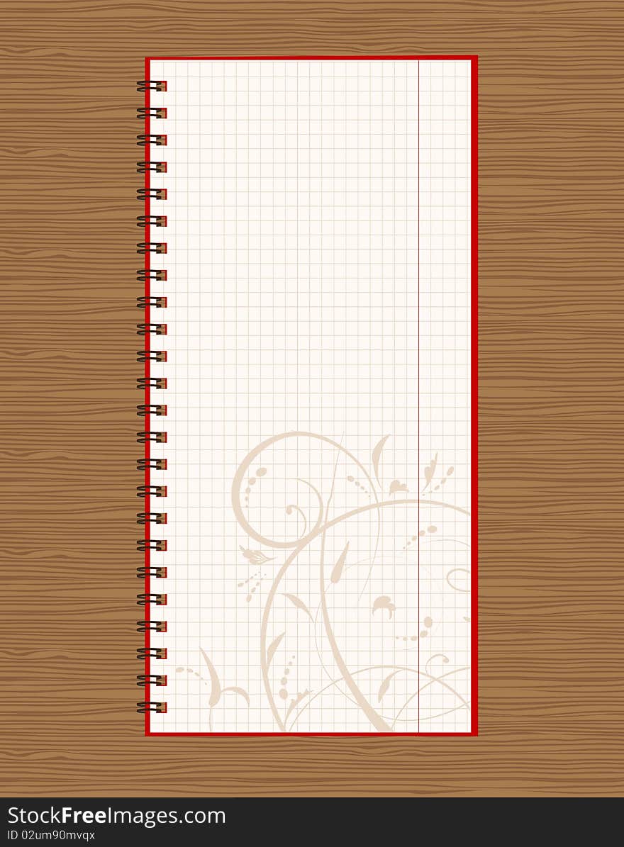 Notebook open page design on wooden background, vector illustration