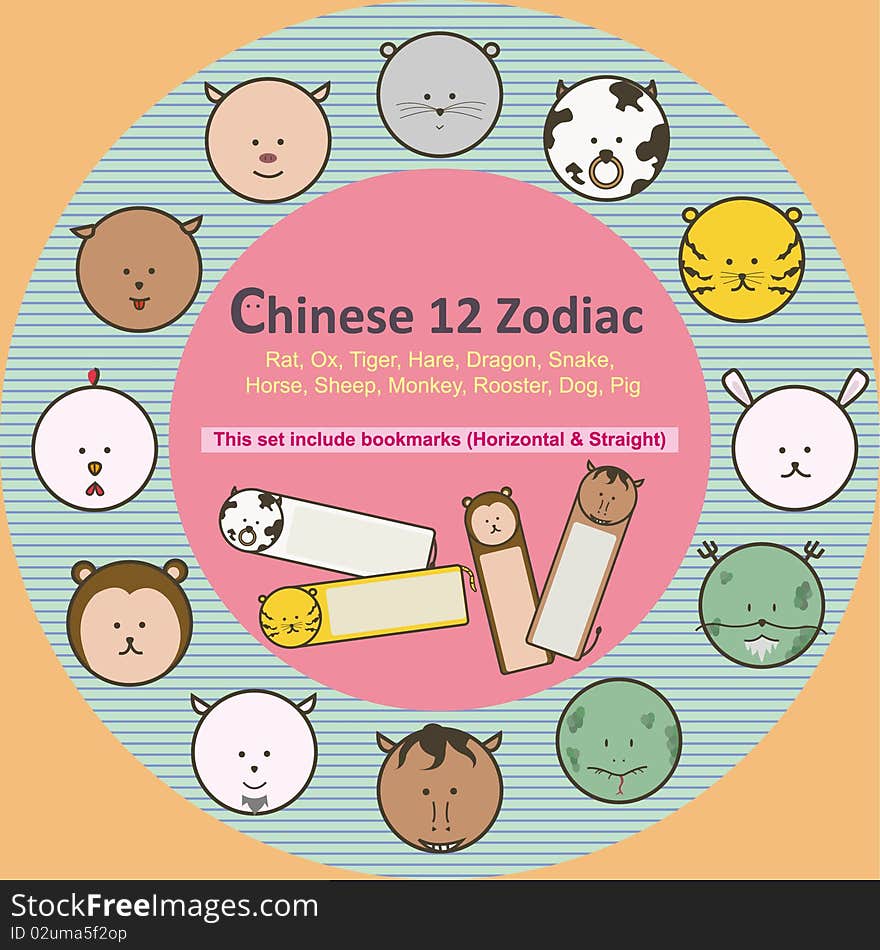 The Chinese 12 Zodiac Animals
This set include bookmarks (Horizontal & Straight)