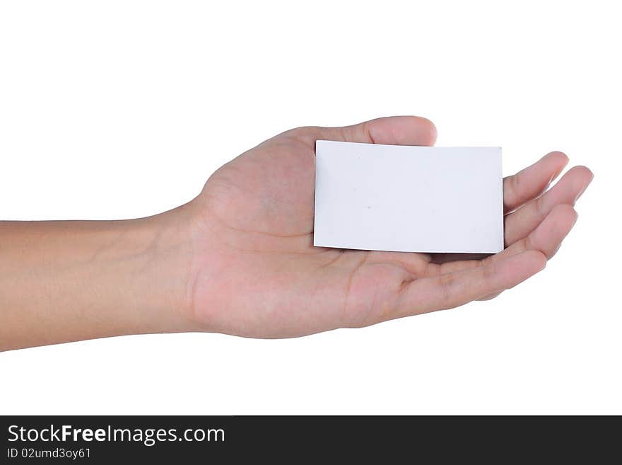 Gesture of man's hand giving a business card. Gesture of man's hand giving a business card