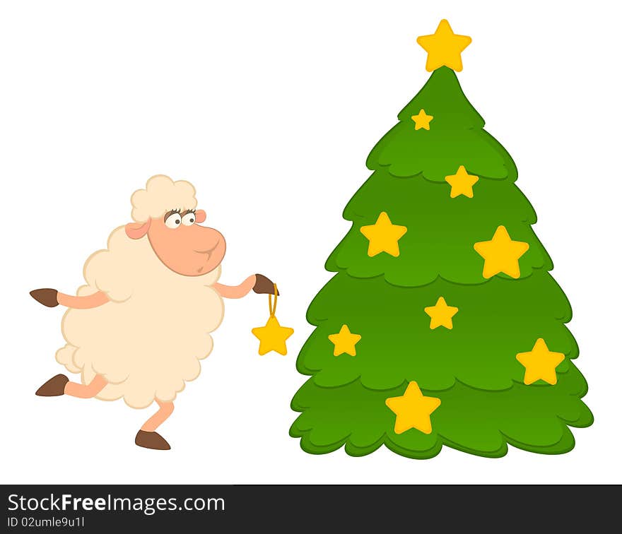 Cartoon Funny Sheep Dresses Up A Fir-tree.