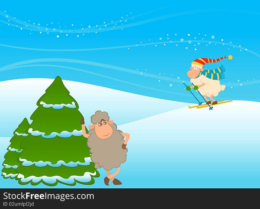 Cartoon funny skier sheep