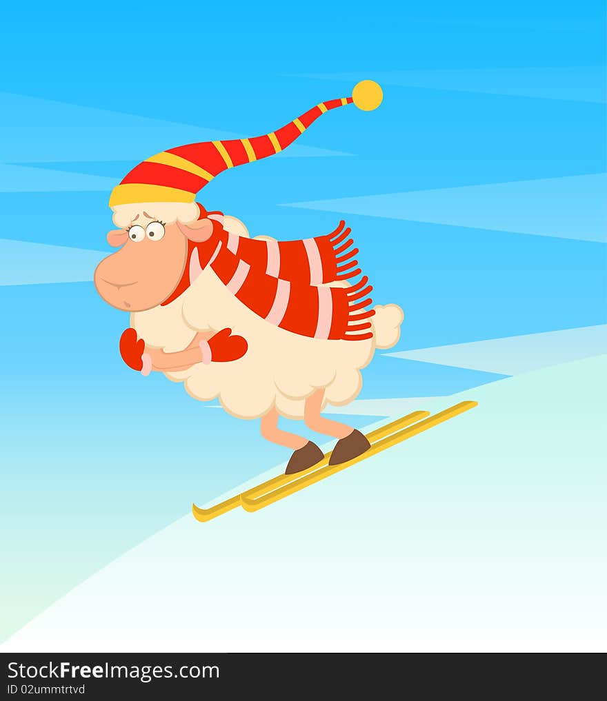 Cartoon funny skier sheep for a design