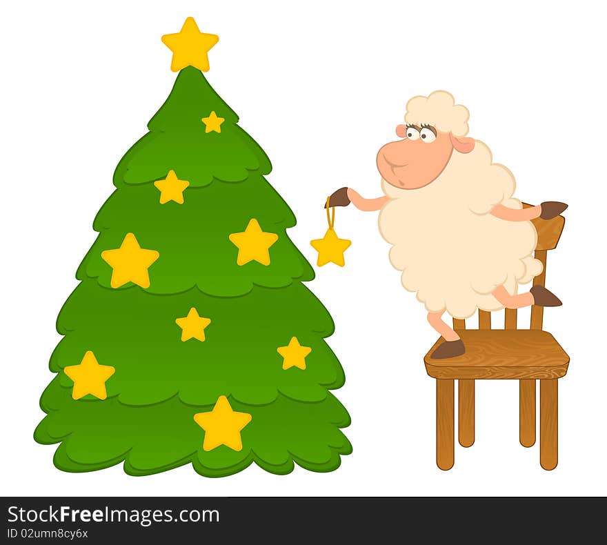 Cartoon Funny Sheep Dresses Up A Fir-tree.