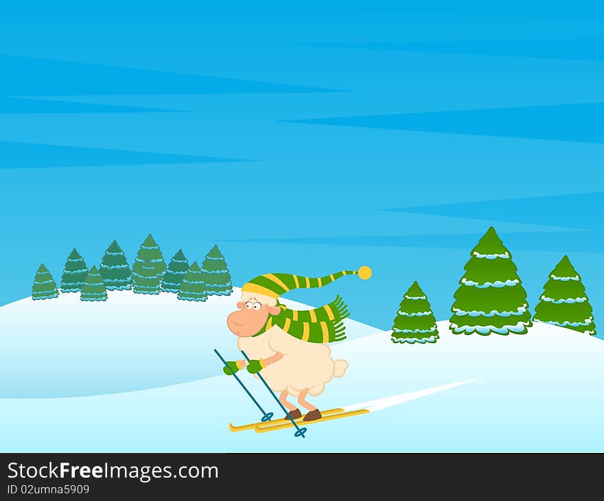 Cartoon funny skier sheep for a design. Cartoon funny skier sheep for a design