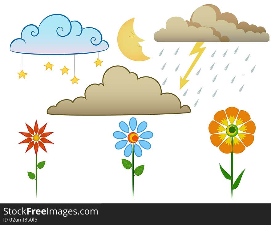 Vector illustration. Set of design elements clouds and flowers, moon and rain