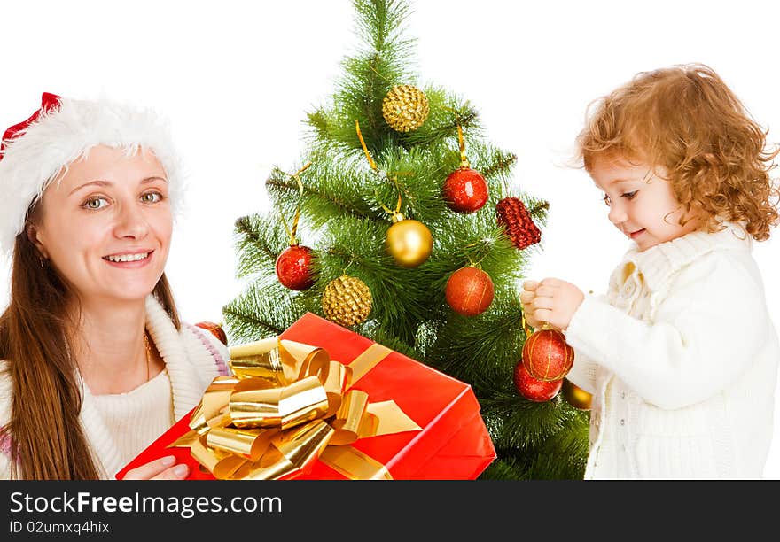 Mother and little daughter with a present box. Mother and little daughter with a present box