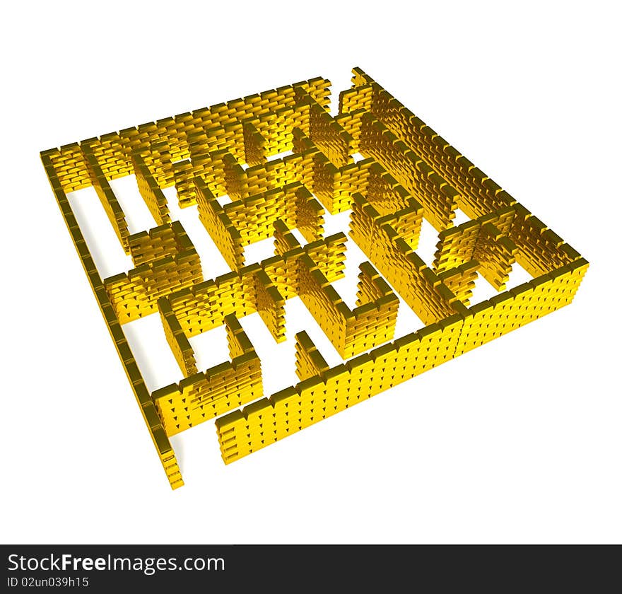 Maze from gold ingots on white background. Maze from gold ingots on white background