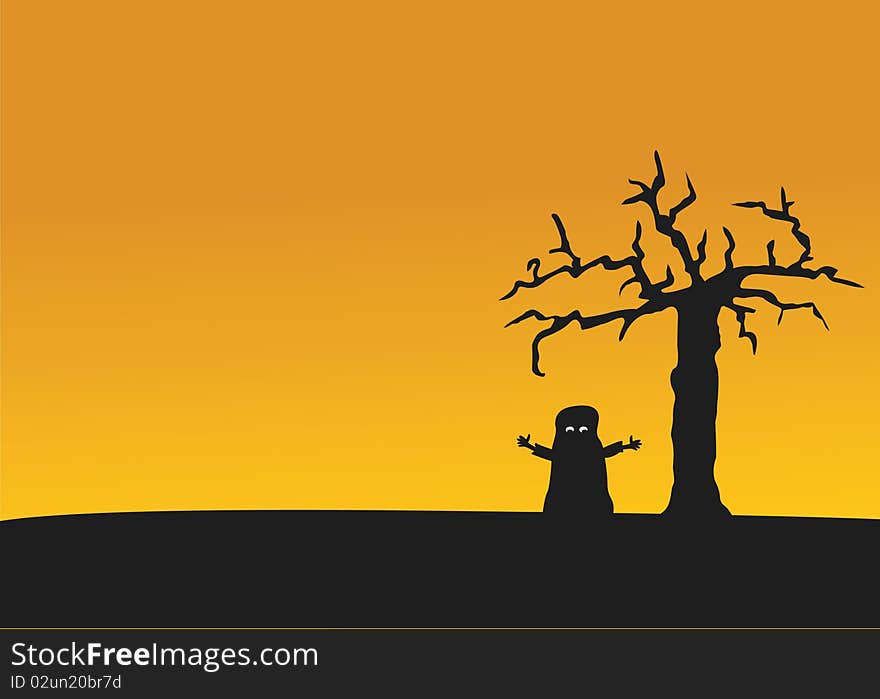 Silhouette of kid dressed as a ghost standing by an old tree with an orange sky. Silhouette of kid dressed as a ghost standing by an old tree with an orange sky.