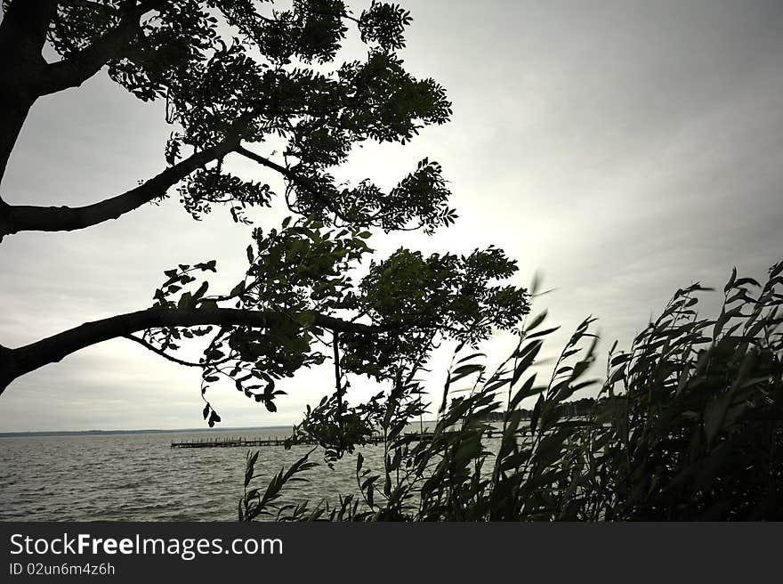 Seascape in Steinhude am Meer, German at a foggy, cloudy day. Seascape in Steinhude am Meer, German at a foggy, cloudy day.