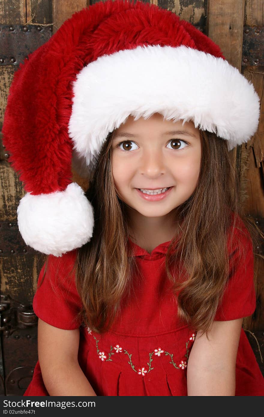 Beautiful brunette girl wearing a christmas hat and red dress. Beautiful brunette girl wearing a christmas hat and red dress