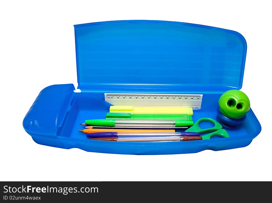 Blue pencil case with pens and pencils ready for school isolated on white