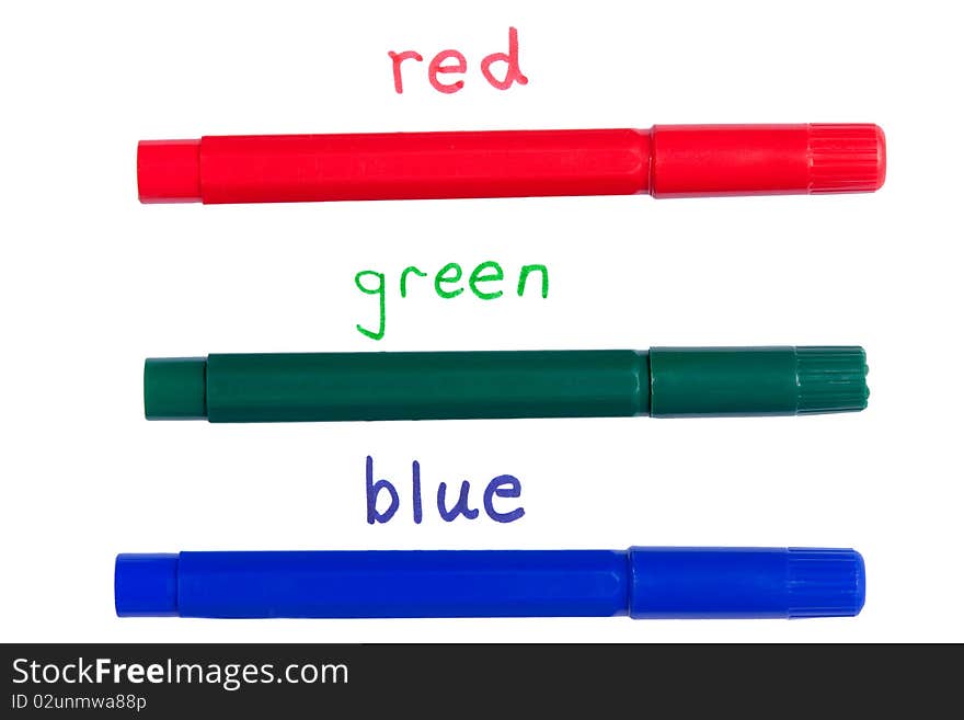 Three thick felt tip pens in red,green,blue, the primary colors with words to aid in learning