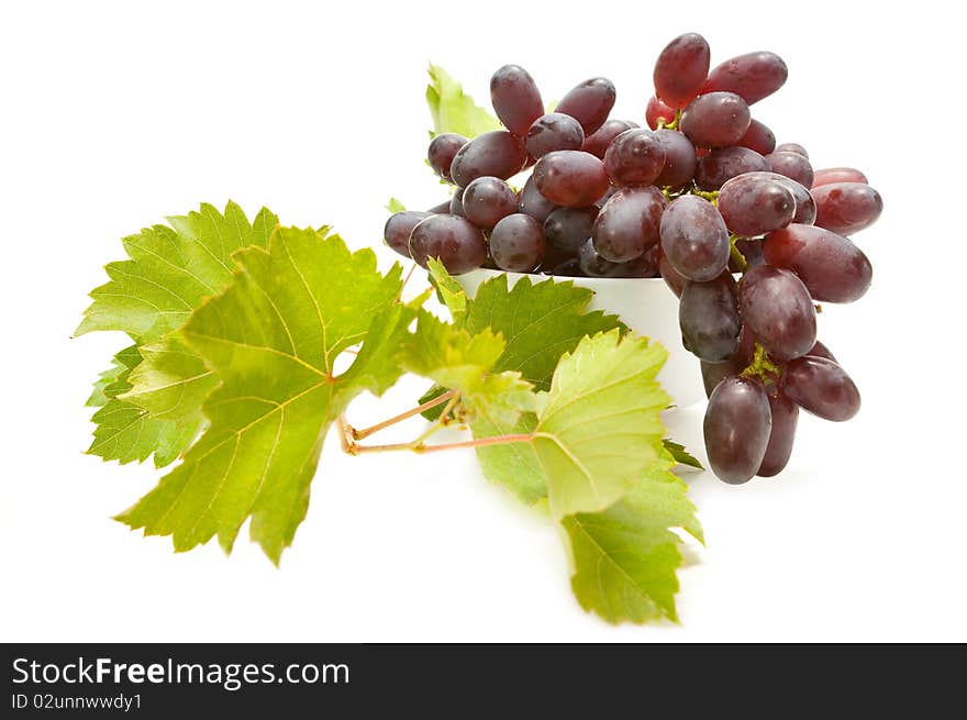 Bunch of grapes with leaves on white background