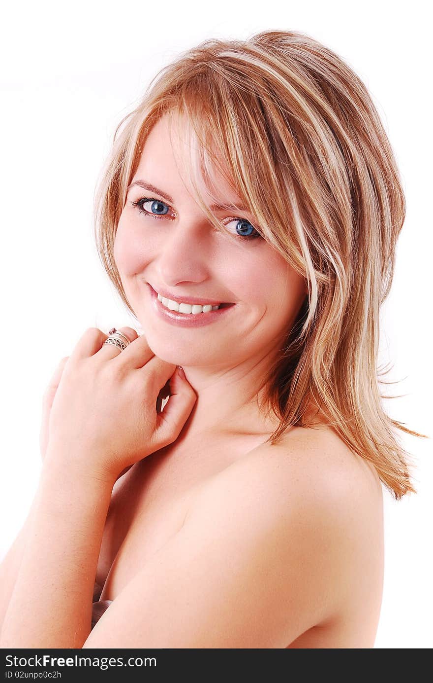 Portrait of beautiful young girl on white background