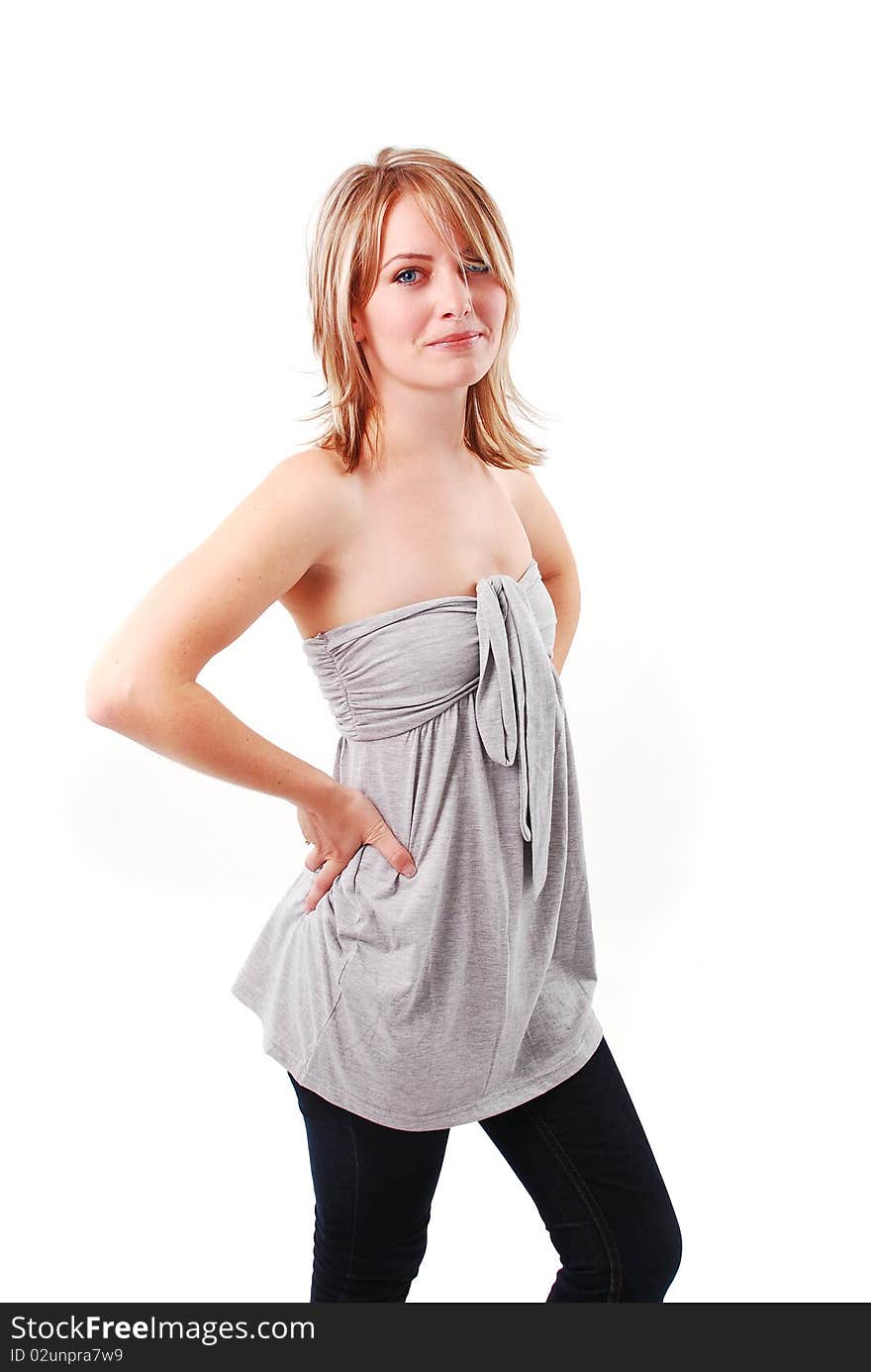 Portrait of beautiful young girl on white background