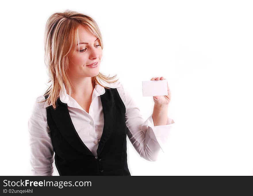 Beautiful young girl with a blank card on white background