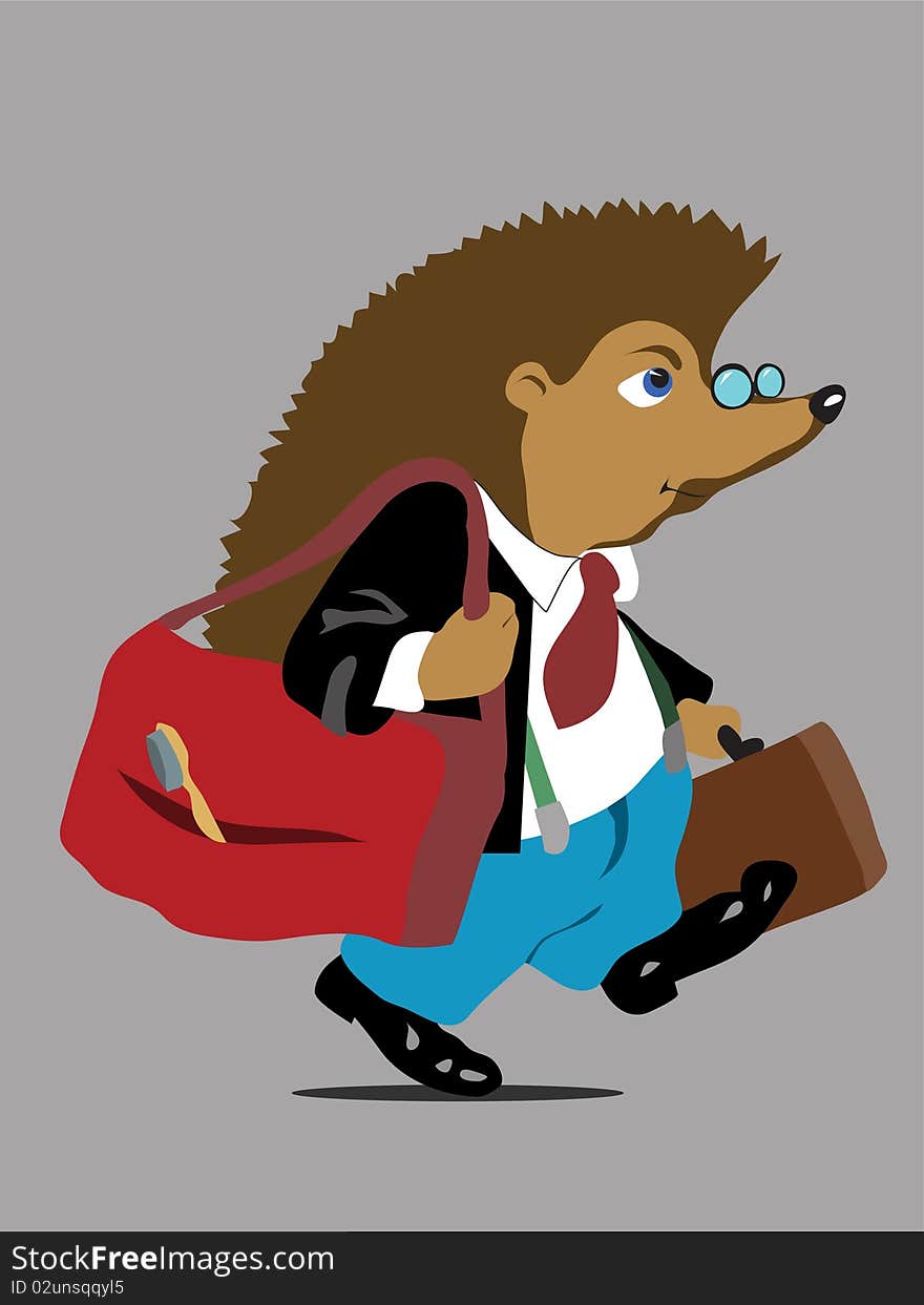 Smart dreassed hedgehog walking with bag