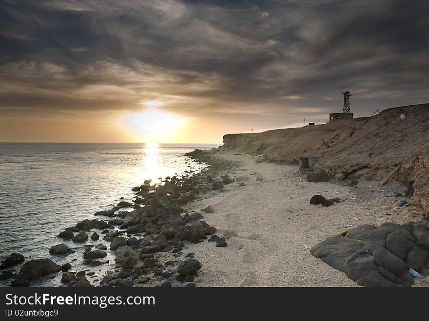 Sunrise and Dramatic sky over a ocean,. Sunrise and Dramatic sky over a ocean,