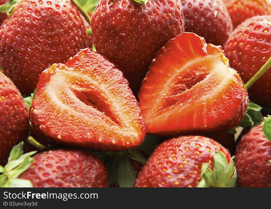 Close up of a group of fresh, succulent strawberries