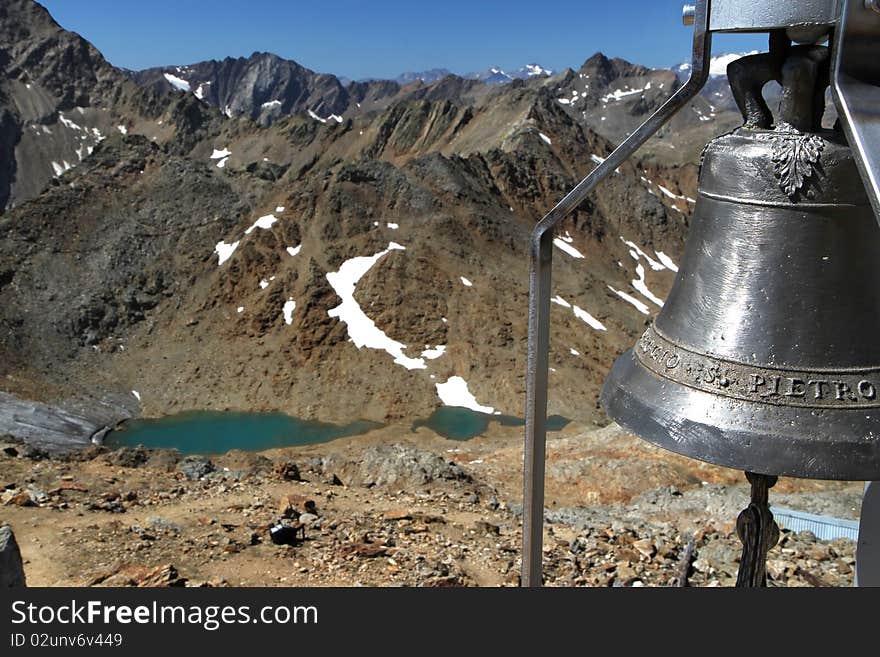 Bell on the top. Bell at 3140 meters on the sea-level, in Vallumbrina, Brixia province, Lombardy region, Italy