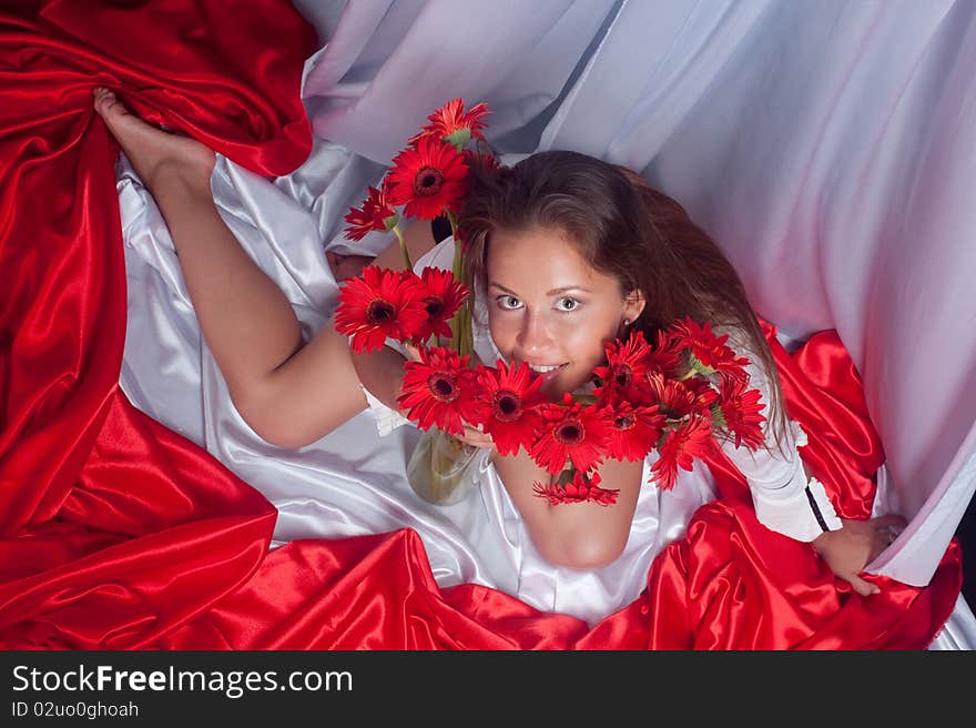 Girl with flower on white and red canvas. Girl with flower on white and red canvas.