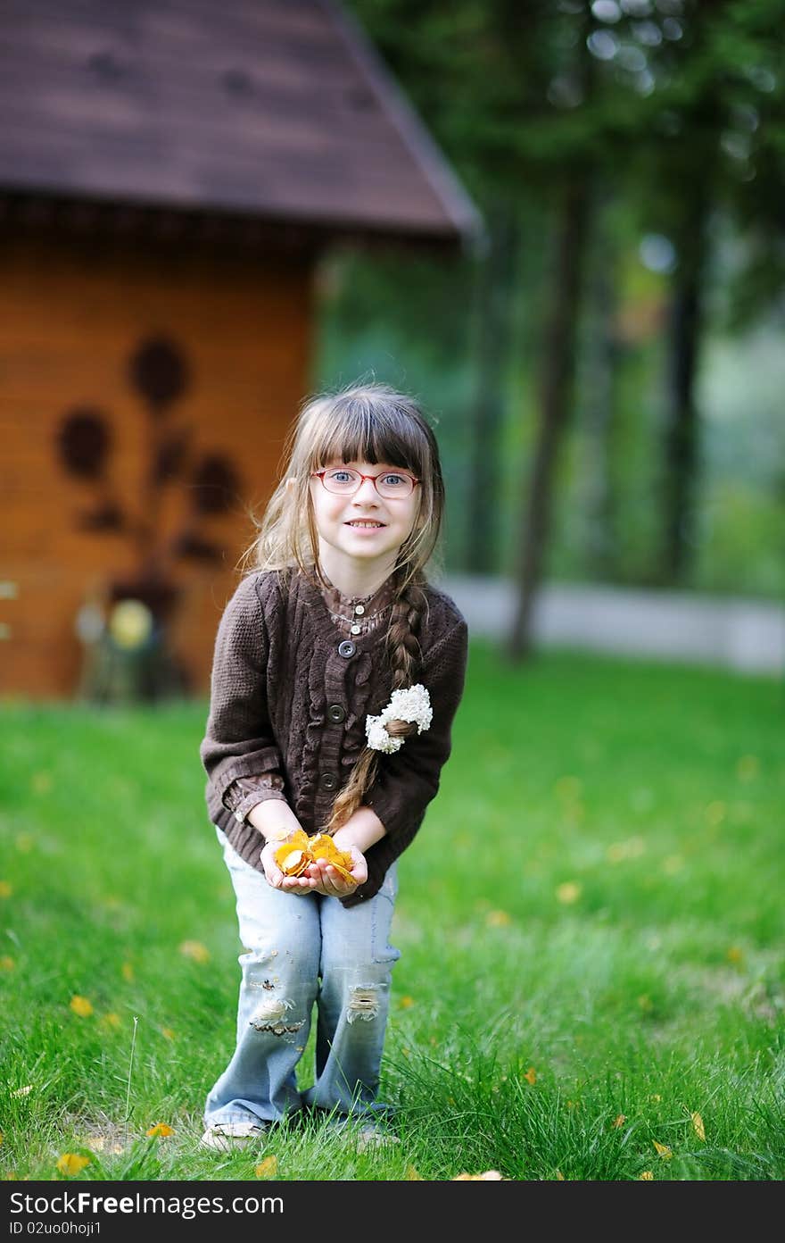 Adorable Little Girl Plays With Yellow Leaves