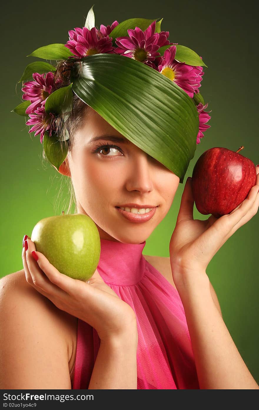 Beautiful spring-woman with two apples. Beautiful spring-woman with two apples