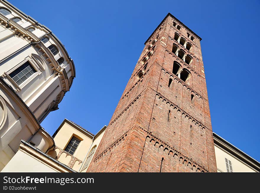 Very ancient medieval bell tower built near Consolata sanctuary in Turin, Piedmont, Italy.