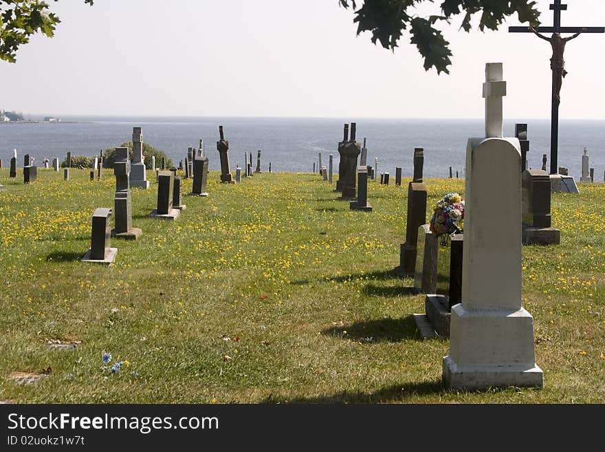 Tombstones and headstones in a cemetery in Atlantic Canada