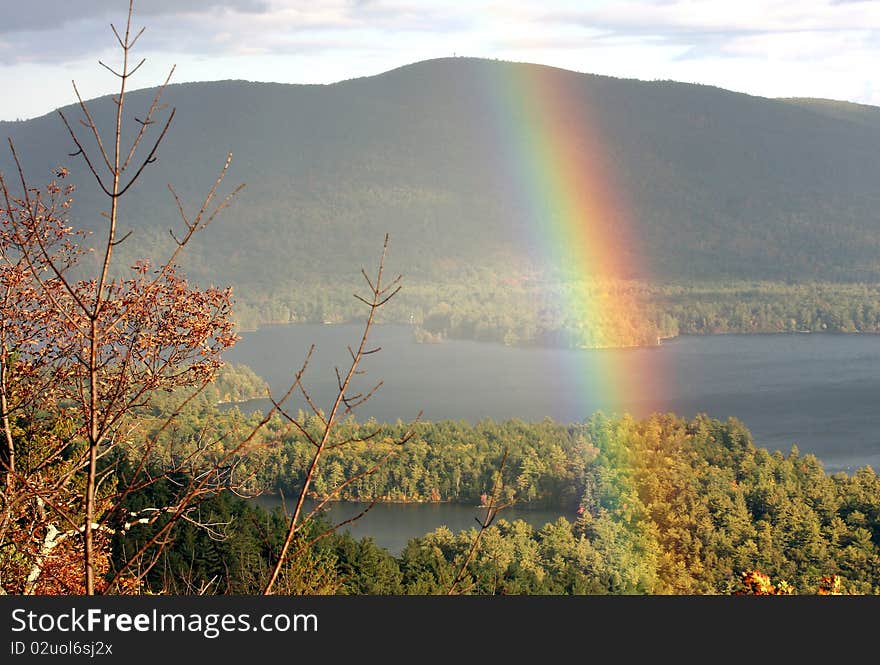 Rainbow closeup with the forest trees as a background