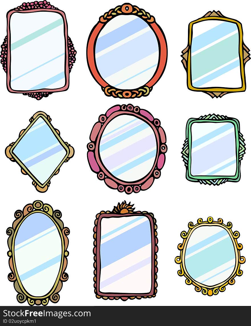 Nine mirror/picture frames, hand drawn on white background with reflection