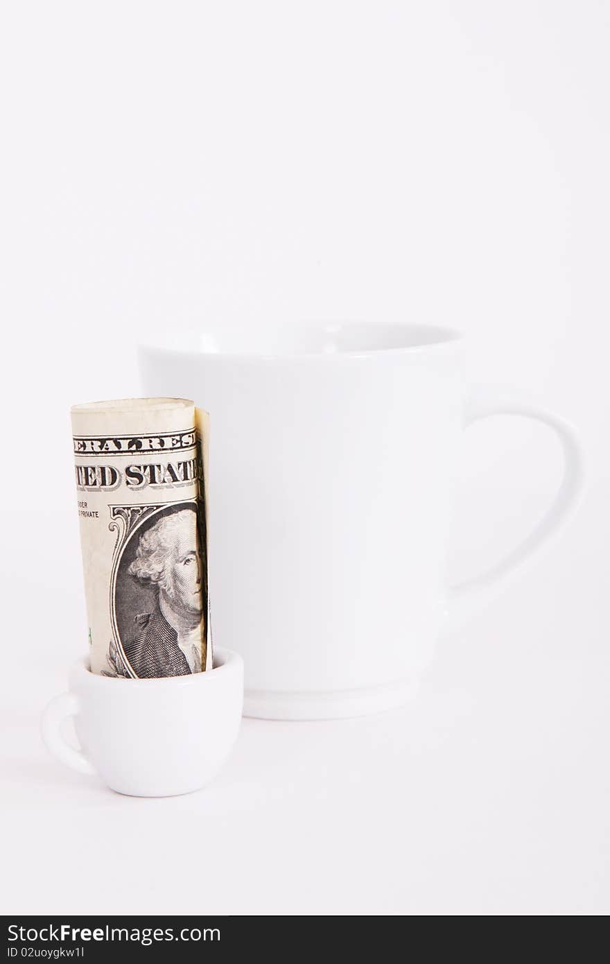 Big and small white cup, with one dollar, money concept