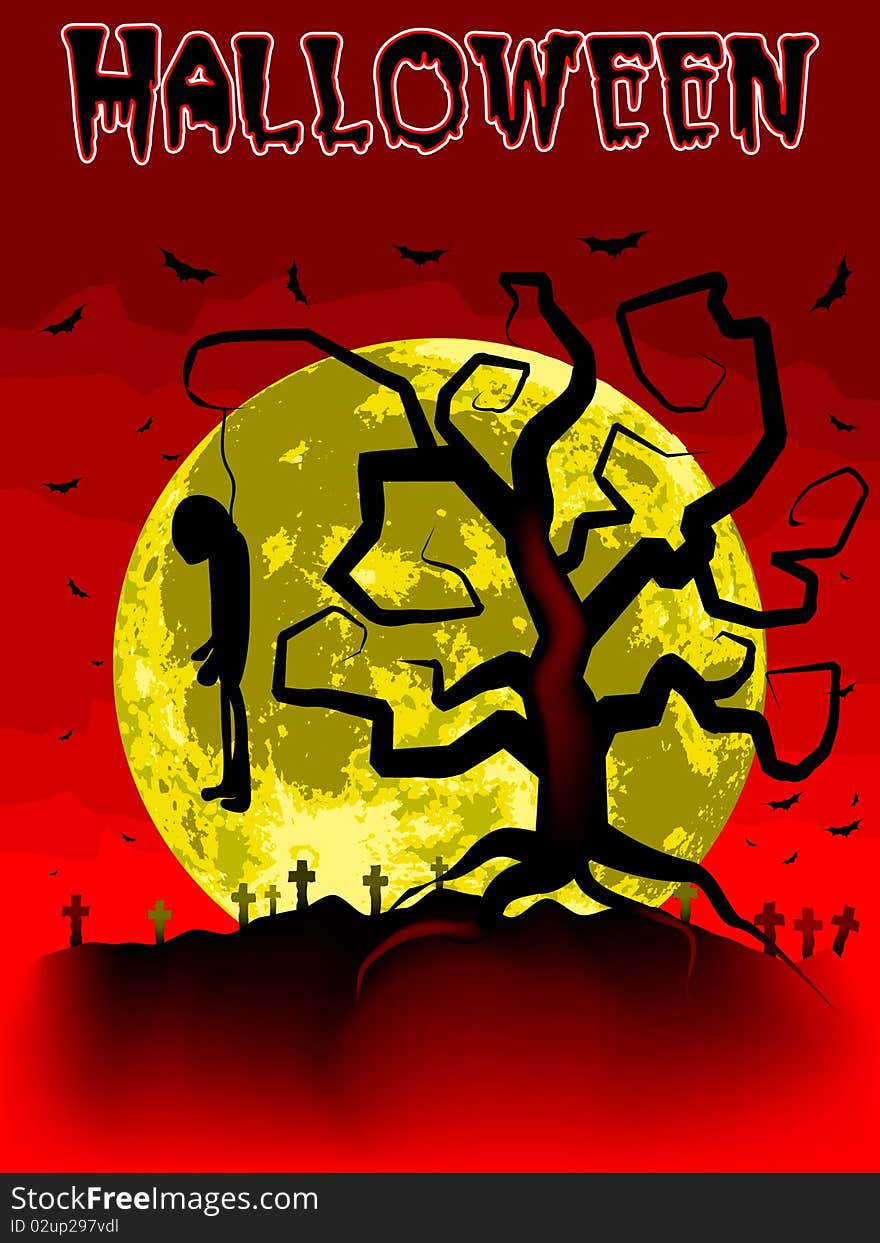 Halloween  illustration scene, with hung up man, moon and spooky tree.