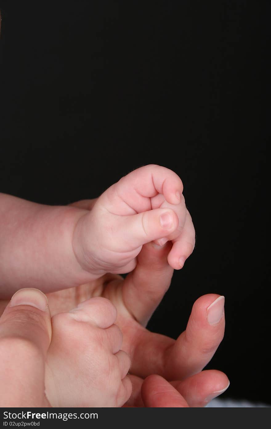 Hands of caucasian mother and baby, baby holding mother's finger