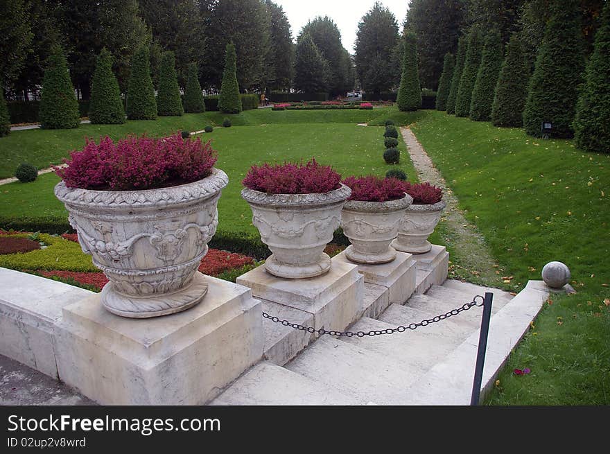 Marble bowls stocked with heather in a park of Vienna. Marble bowls stocked with heather in a park of Vienna.