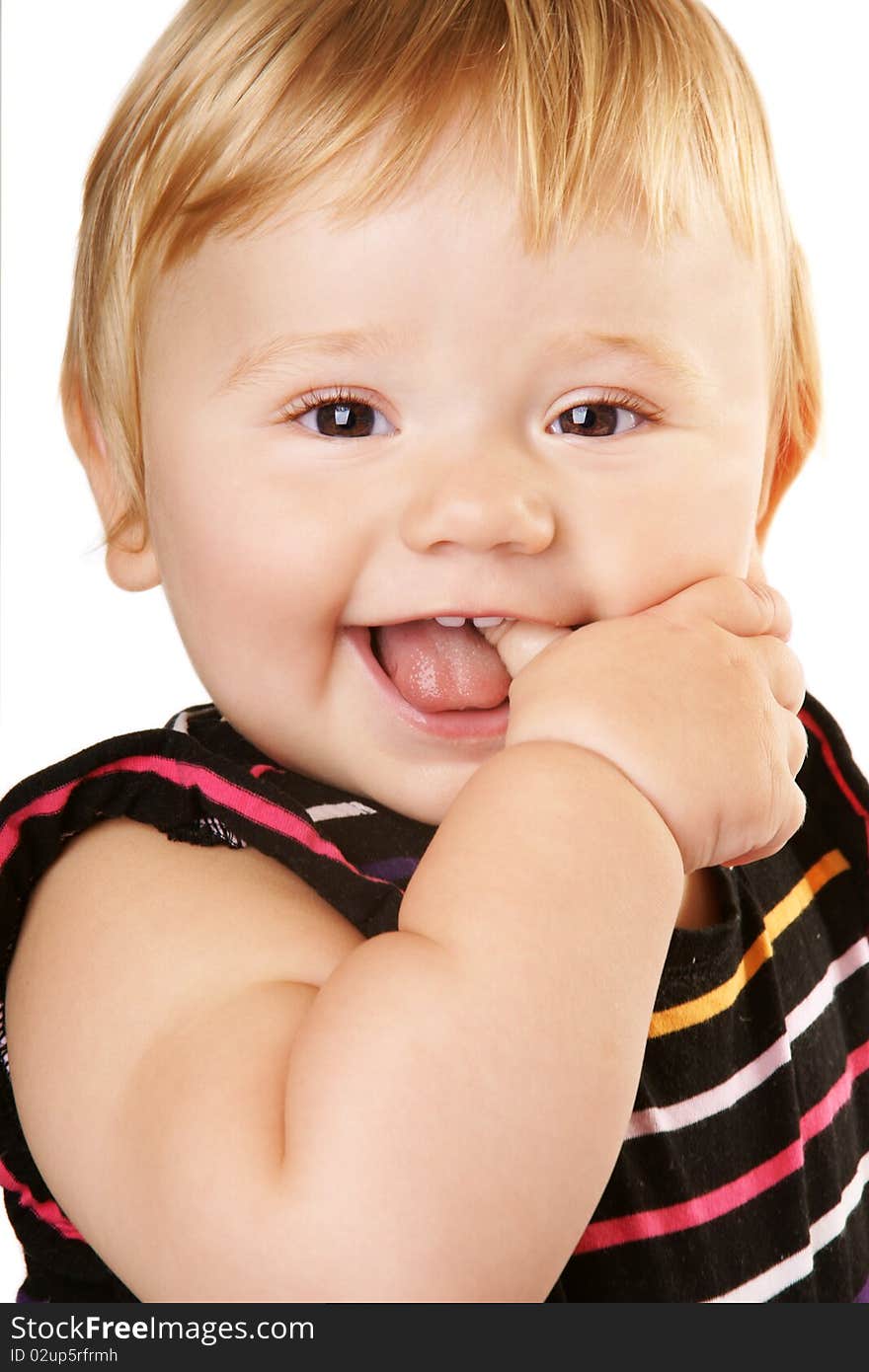 Portrait of happy laughing cute baby holding finger in mouth isolated on white background. Portrait of happy laughing cute baby holding finger in mouth isolated on white background