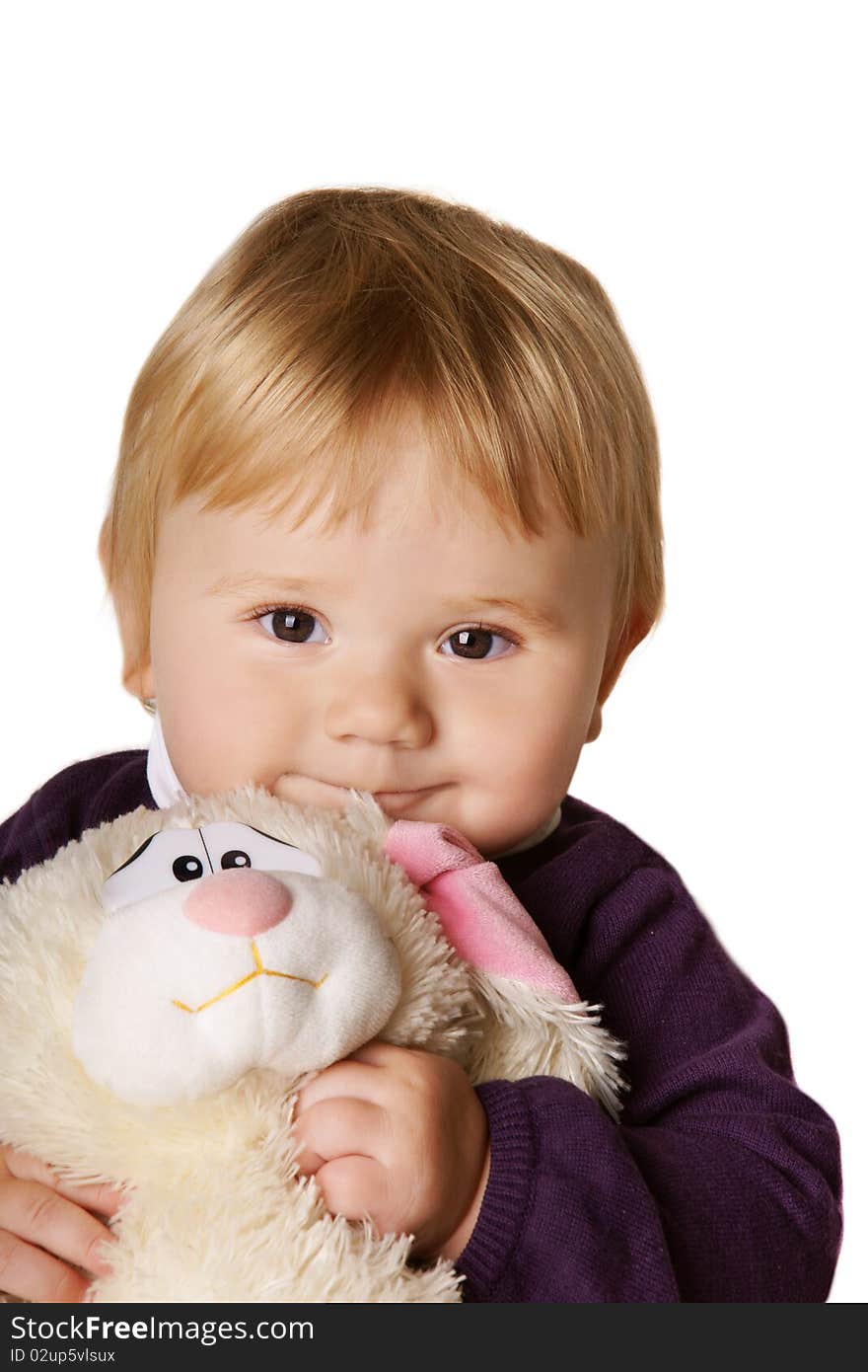 Portrait of pretty smiling baby with toy isolated on white background. Portrait of pretty smiling baby with toy isolated on white background