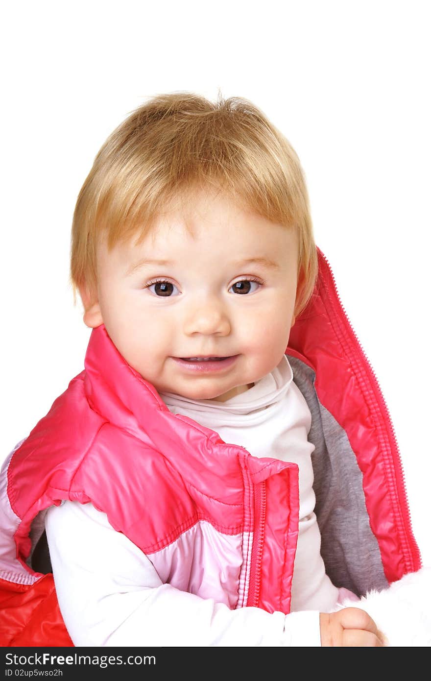 Portrait of happy smiling baby-girl in pink vest isolated on white background