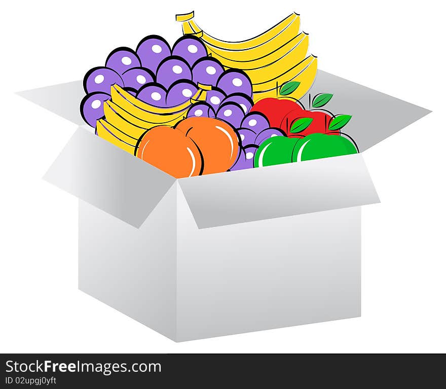 Open box in fruits on white background