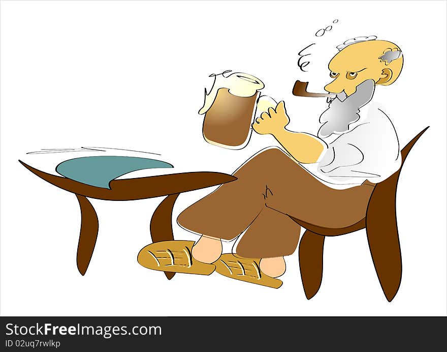 A grandfather sits in his chair at a table and enjoys a beer with joy, in addition he smokes his whistle. A grandfather sits in his chair at a table and enjoys a beer with joy, in addition he smokes his whistle.